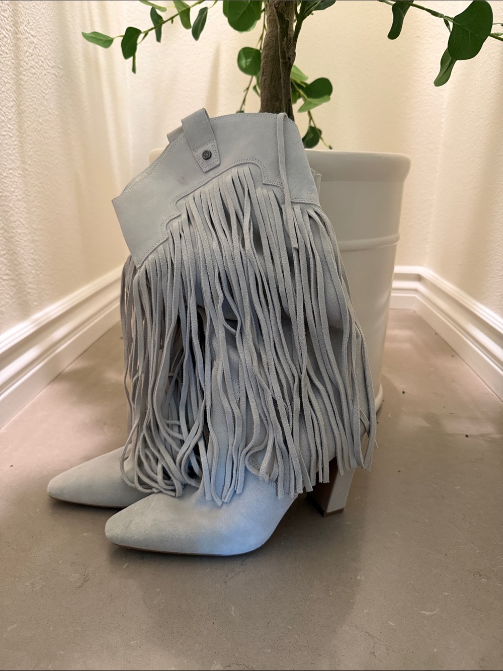 Vince Camuto Light Gray Suede Fringe Ankle Boots